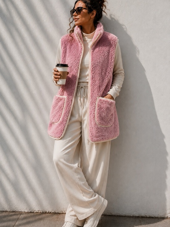 Smash + Tess Jackets & Blazers - SMASH+TESS Long Teddy Sherpa Vest Pink Oversized Zip L Made in Canada